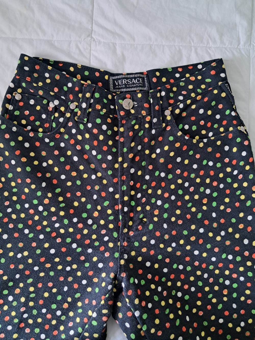 Authentic Versace Black High-Rise Jeans with Multicolor Polka Dot Print